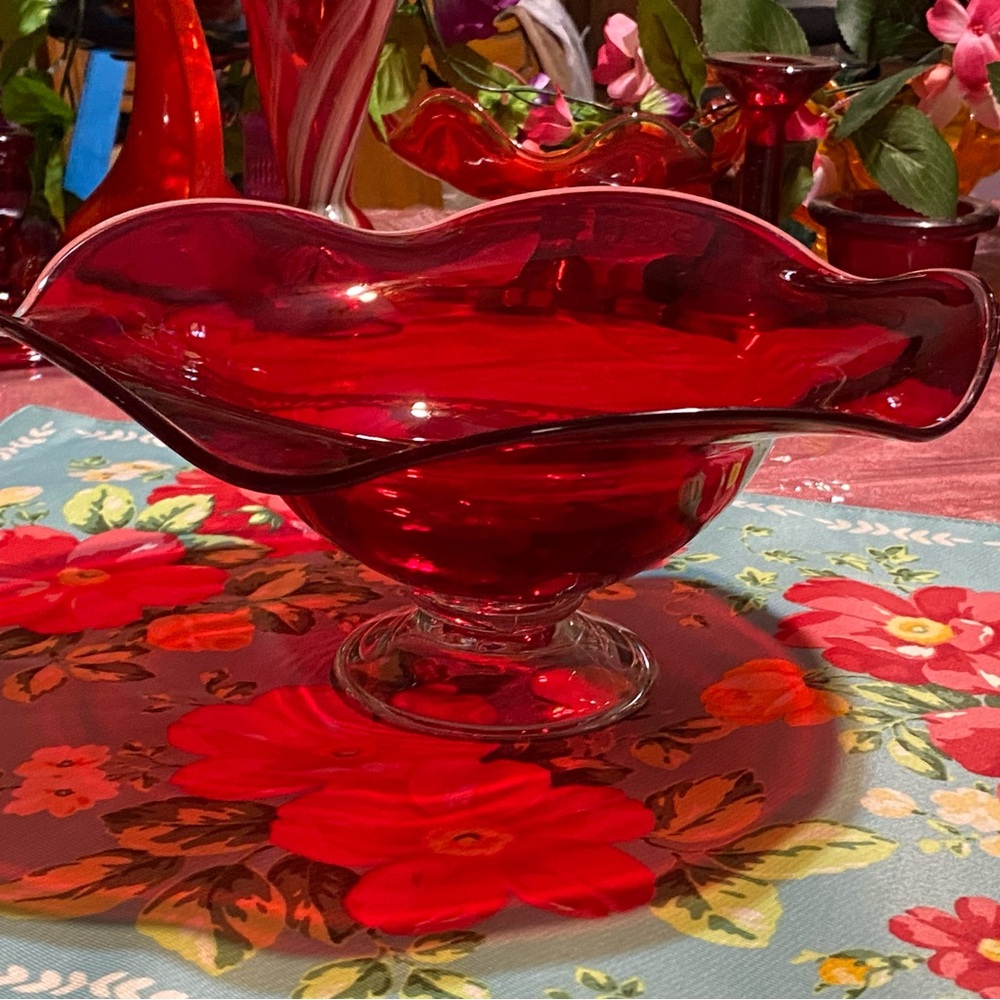 Antique glass wavy ruffled edge console/fruit bowl,ruby red,clear pedestal
